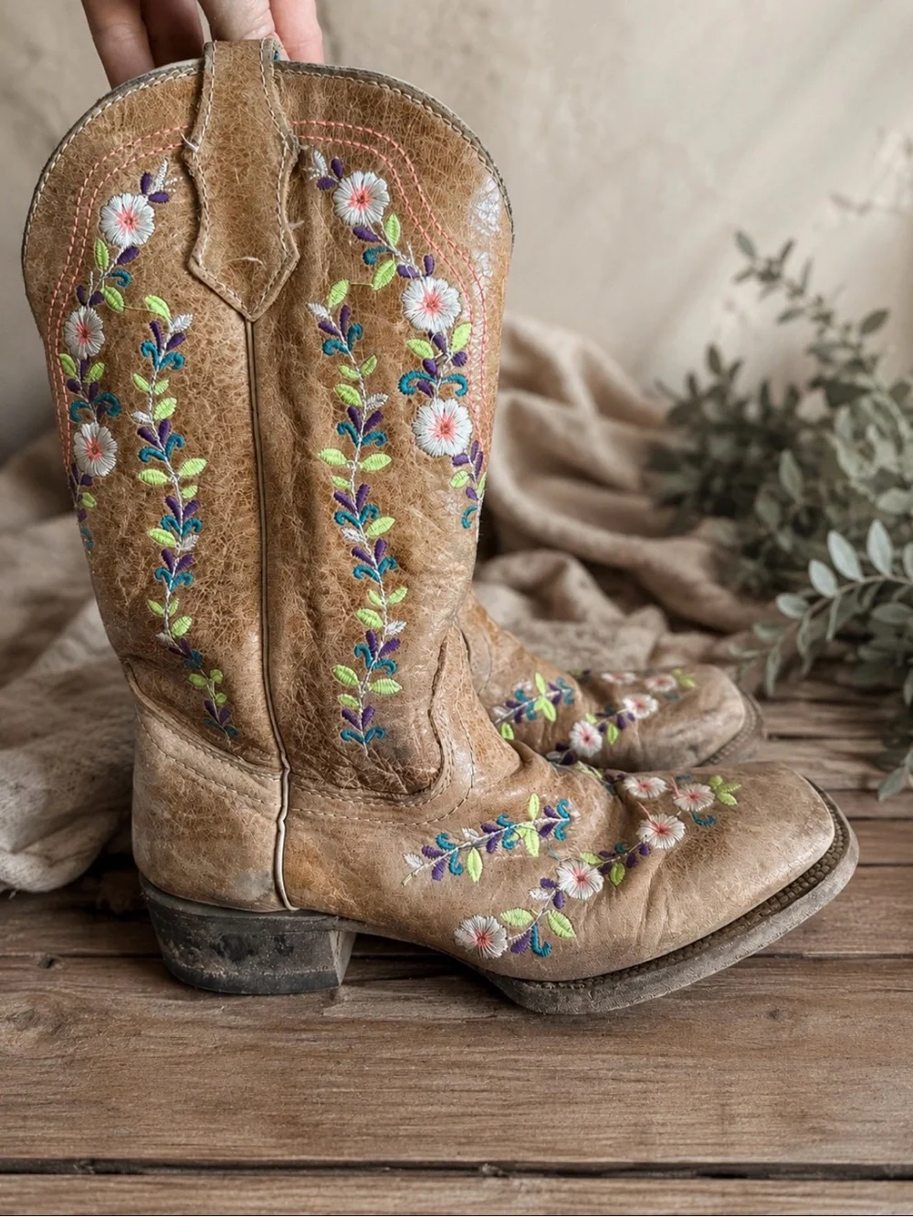 Kids Corral Tan Embroidered Flower Cowboy ( glow in the dark stitching)